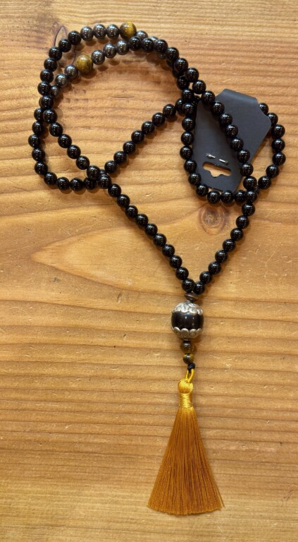 Japamala de Turmalina Negra, Hematite e Olho Tigre, 44cm