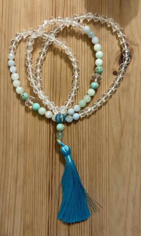 Japamala/Guia Iemanjá. Quartz multifacetado, Jade, Amazonite e Água Marinha. 53cm
